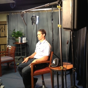 Adam Greenberg, whose career was cut short by a pitch to the head, taping an interview for the NBC Evening News.